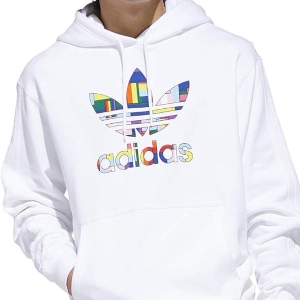 Adidas Originals White Three Stripe Hoodie Pride Flag Pullover Trefoil - S
